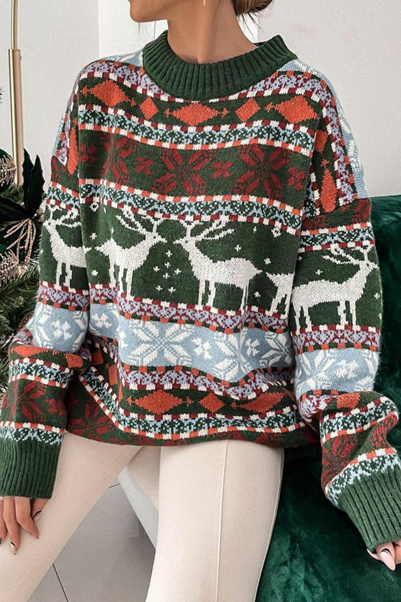 Suéteres casuales de cuello redondo con contraste de tejido de copos de nieve Wapiti (3 colores)