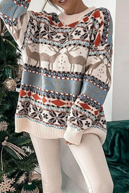 Suéteres casuales de cuello redondo con contraste de tejido de copos de nieve Wapiti (3 colores)