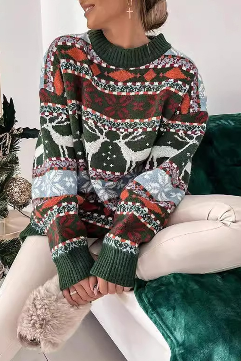 Suéteres casuales de cuello redondo con contraste de tejido de copos de nieve Wapiti (3 colores)