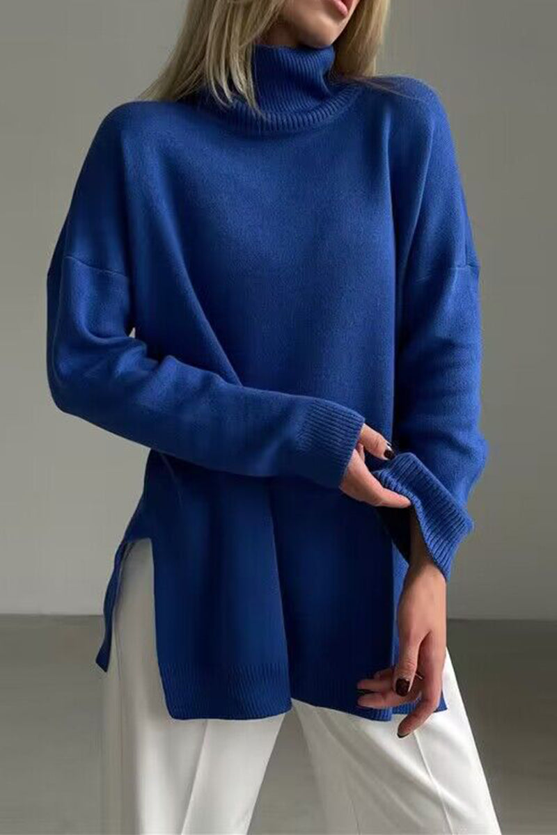 Suéteres casuales de cuello alto con aberturas en colores sólidos (8 colores)