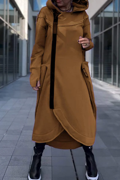 Vestidos casuales de calle con bolsillos, cremallera irregular y capucha (6 colores)