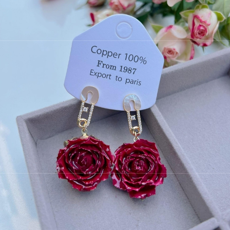 Elegantes pendientes con adornos de metal y flores reales (cada uno es único) (17 colores)