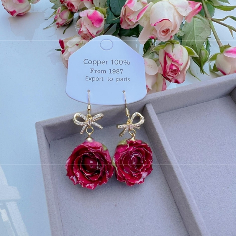 Elegantes pendientes con adornos de metal y flores reales (cada uno es único) (17 colores)