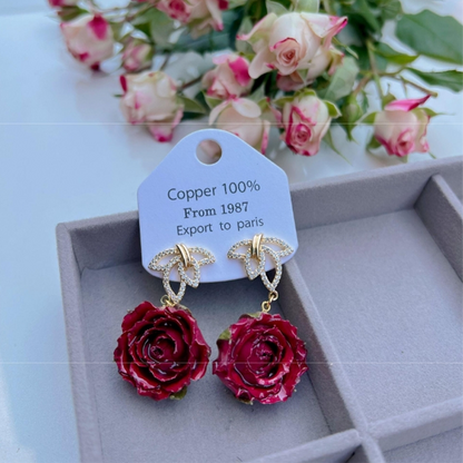 Elegantes pendientes con adornos de metal y flores reales (cada uno es único) (17 colores)