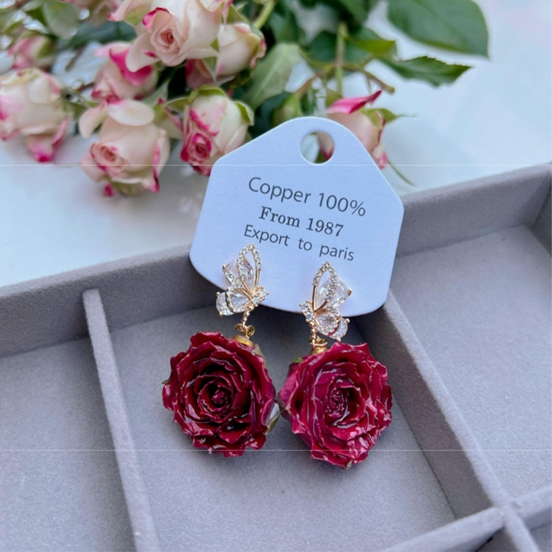 Elegantes pendientes con adornos de metal y flores reales (cada uno es único) (17 colores)