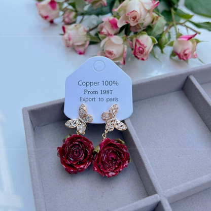 Elegantes pendientes con adornos de metal y flores reales (cada uno es único) (17 colores)