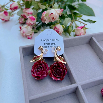 Elegantes pendientes con adornos de metal y flores reales (cada uno es único) (17 colores)