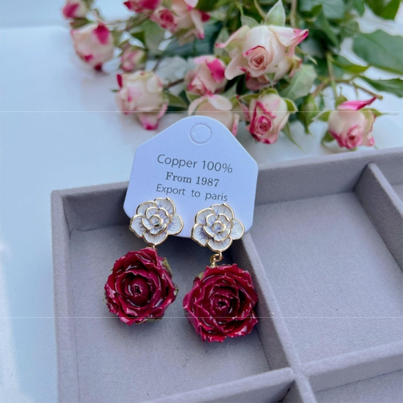 Elegantes pendientes con adornos de metal y flores reales (cada uno es único) (17 colores)