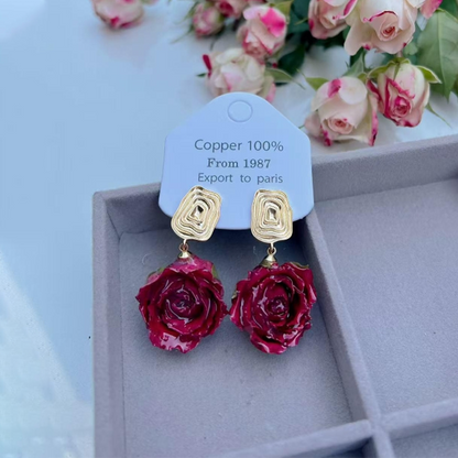 Elegantes pendientes con adornos de metal y flores reales (cada uno es único) (17 colores)