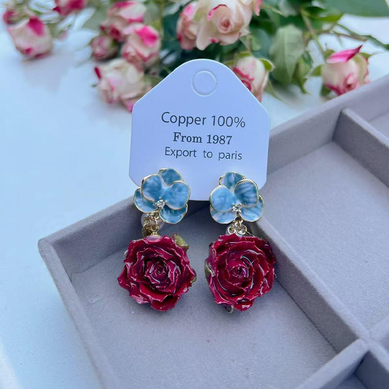 Elegantes pendientes con adornos de metal y flores reales (cada uno es único) (17 colores)