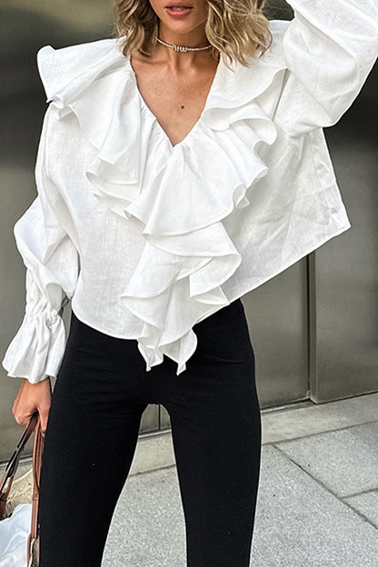 Blusas casuales de cuello en V con volantes de color sólido