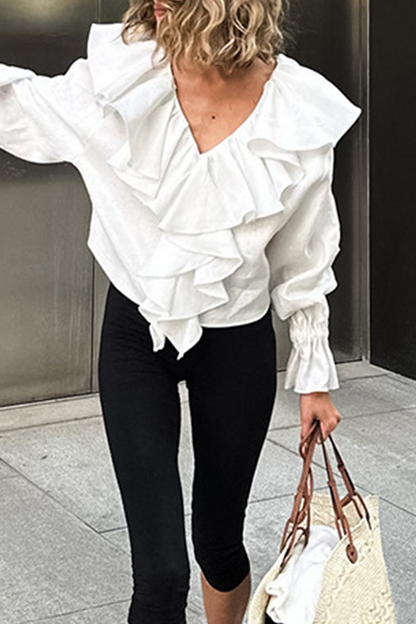 Blusas casuales de cuello en V con volantes de color sólido