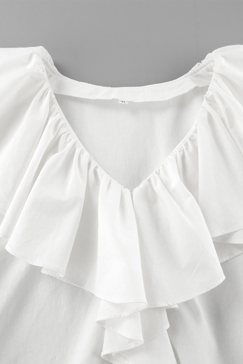 Blusas casuales de cuello en V con volantes de color sólido