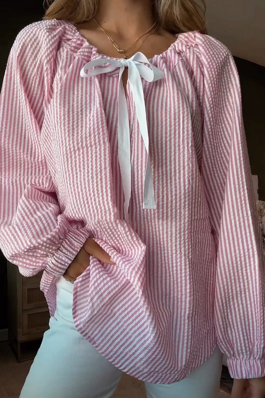 Blusa informal de rayas con cordones y cuello en V en contraste (4 colores)