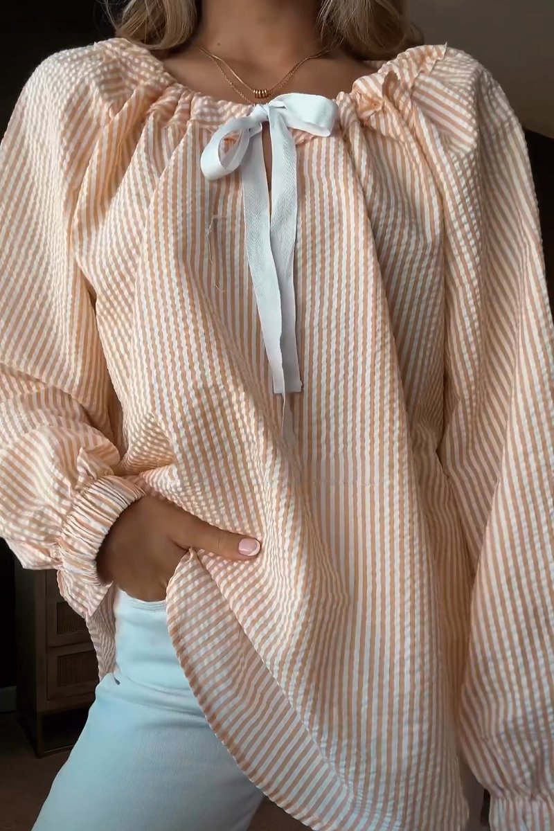Blusa informal de rayas con cordones y cuello en V en contraste (4 colores)