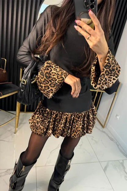 Vestidos sexis de corte A con cuello alto, volantes y patchwork de leopardo en contraste