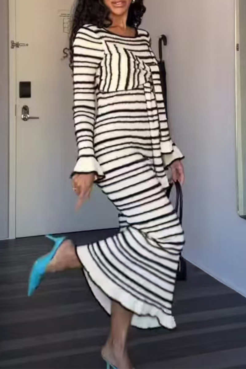 Vestidos casuales de falda de un solo paso con cuello redondo y decoración de lazo y rayas de patchwork