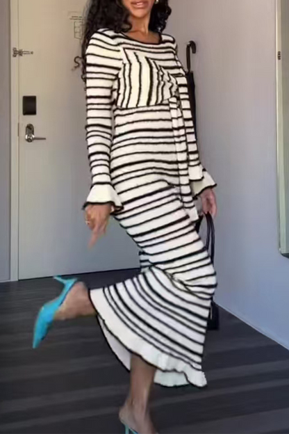 Vestidos casuales de falda de un solo paso con cuello redondo y decoración de lazo y rayas de patchwork