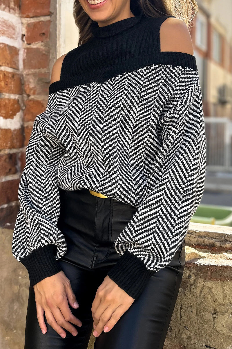 Suéteres casuales de cuello alto con contraste y tejido de rayas