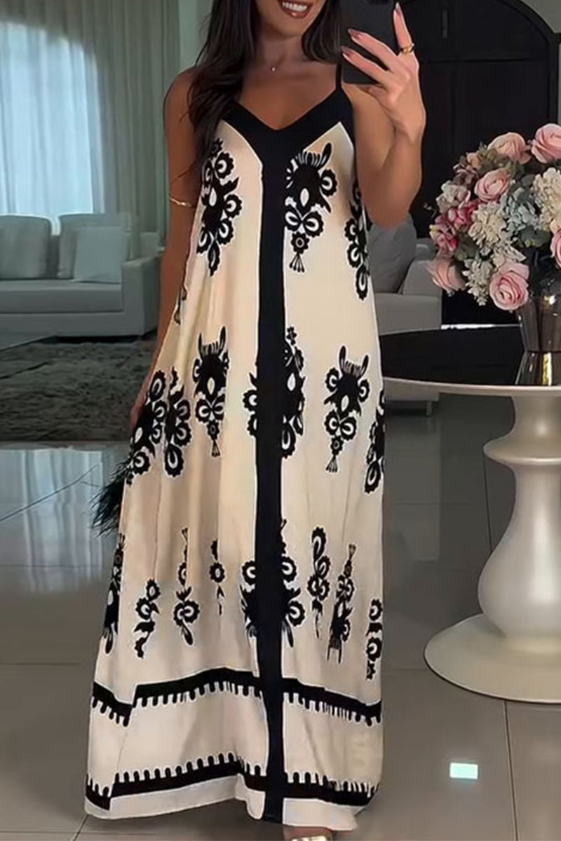 Vestidos sexis de vacaciones con escote en V y estampado geométrico en contraste