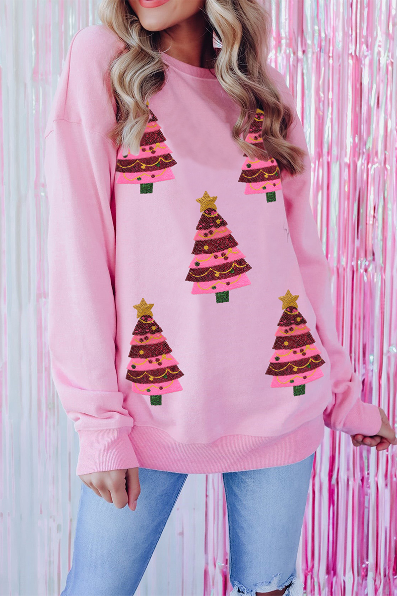 Sudadera informal con cuello redondo y lentejuelas bordadas con árbol de Navidad