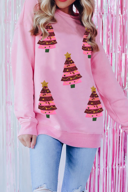 Sudadera informal con cuello redondo y lentejuelas bordadas con árbol de Navidad