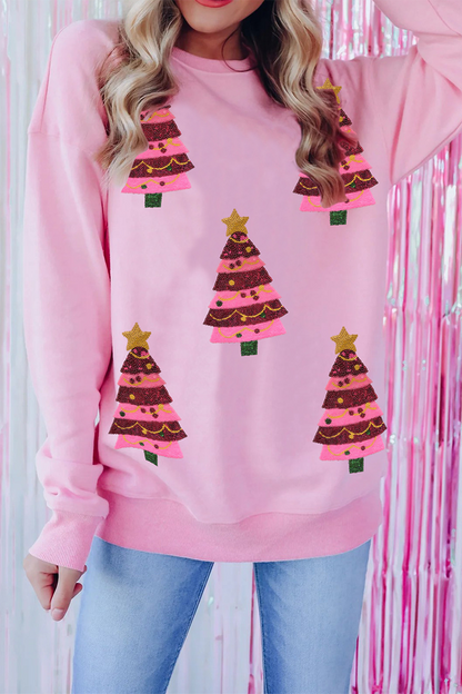 Sudadera informal con cuello redondo y lentejuelas bordadas con árbol de Navidad