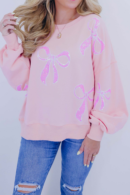 Sudadera informal con cuello redondo, lentejuelas bordadas y lazo