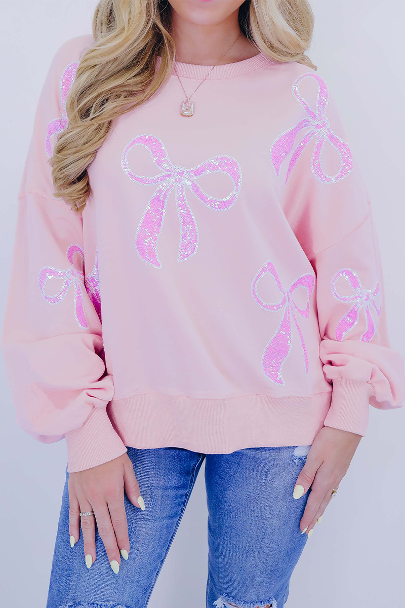 Sudadera informal con cuello redondo, lentejuelas bordadas y lazo