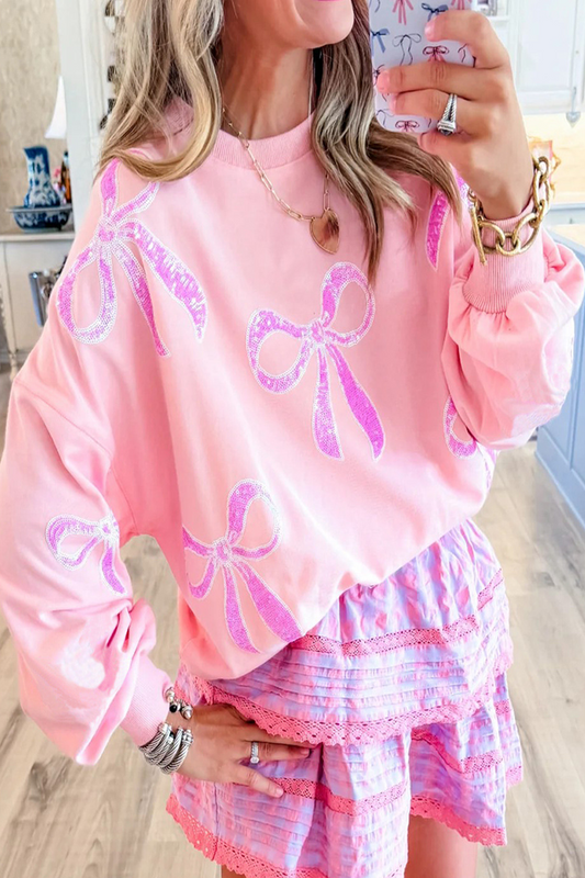 Sudadera informal con cuello redondo, lentejuelas bordadas y lazo