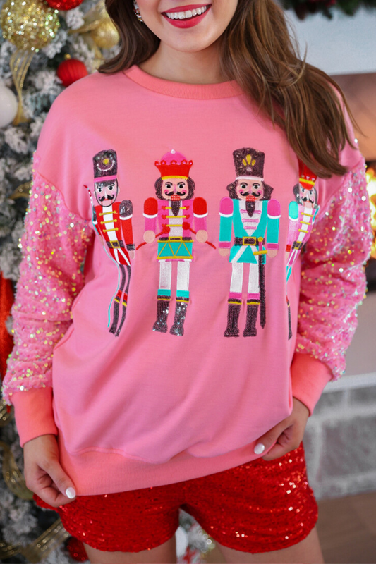 Sudadera informal con cuello redondo, lentejuelas bordadas y letras de dibujos animados
