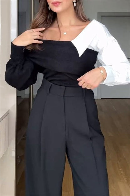 Suéteres casuales con cuello en V y contraste de patchwork