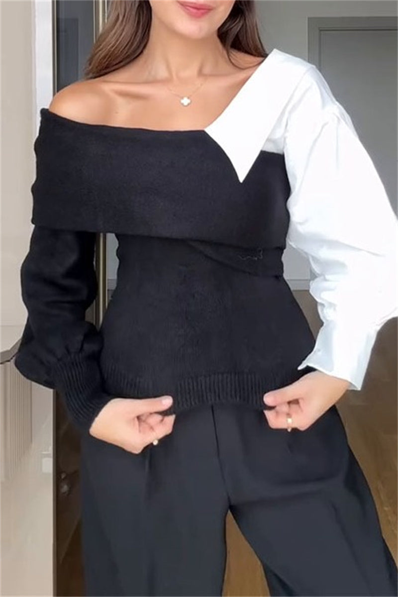 Suéteres casuales con cuello en V y contraste de patchwork