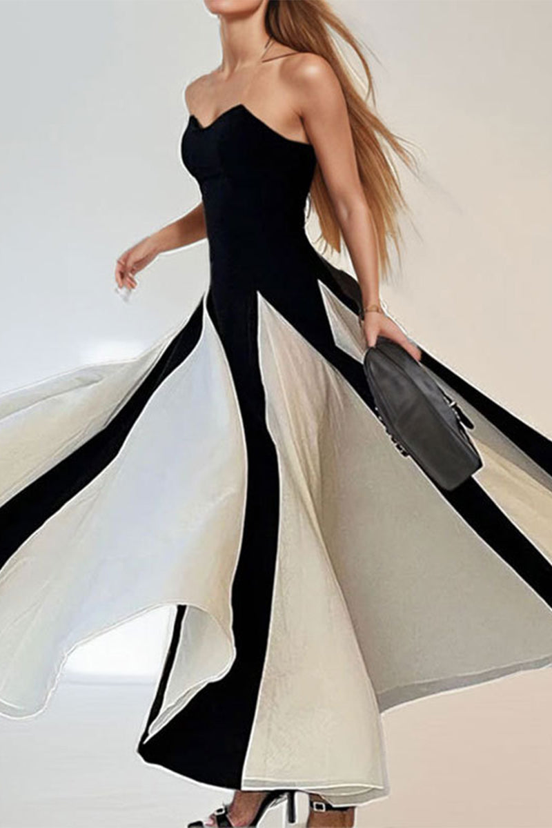 Vestidos largos sexis sin tirantes con contraste de patchwork de colores sólidos