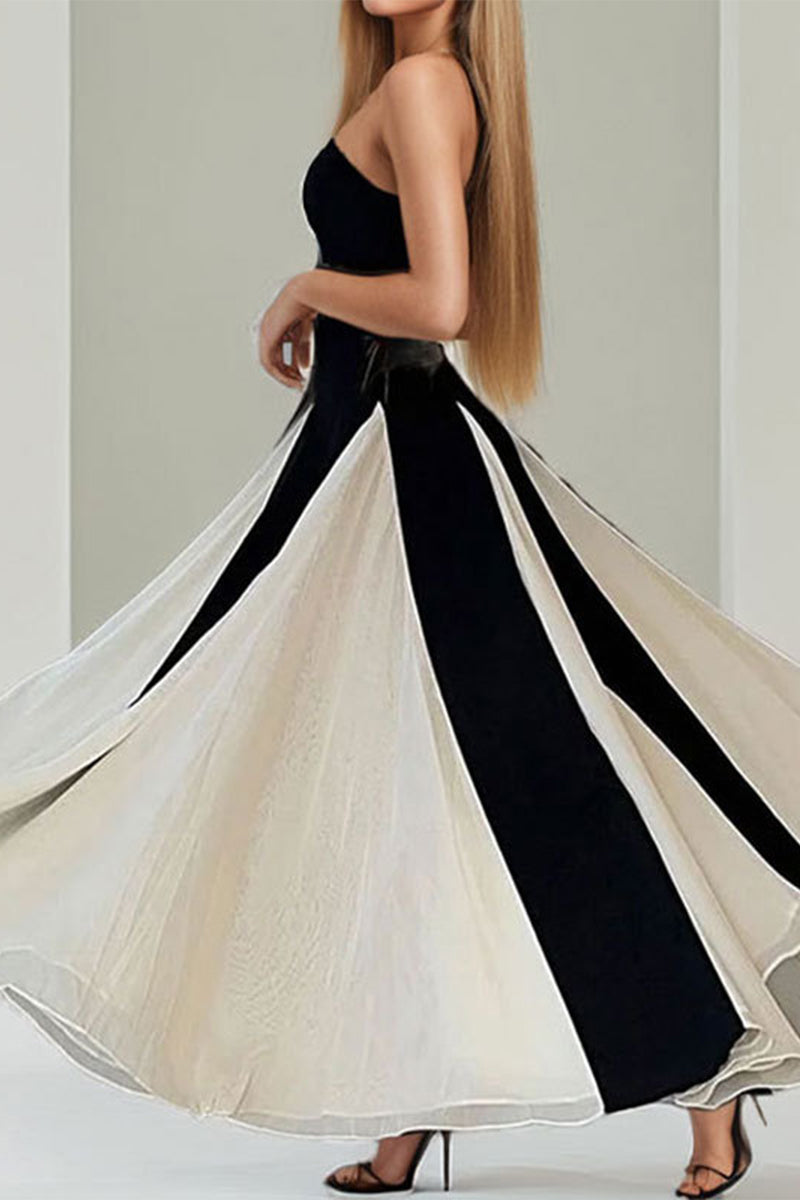 Vestidos largos sexis sin tirantes con contraste de patchwork de colores sólidos
