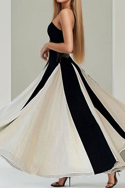 Vestidos largos sexis sin tirantes con contraste de patchwork de colores sólidos