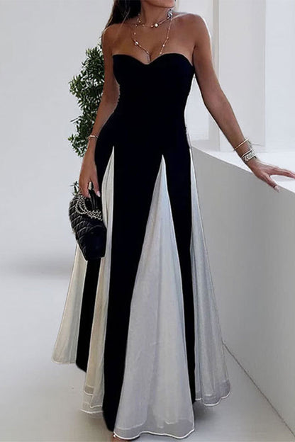 Vestidos largos sexis sin tirantes con contraste de patchwork de colores sólidos