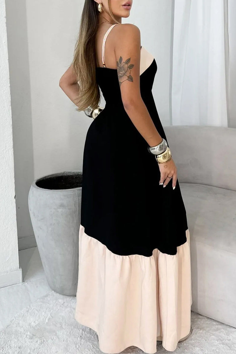 Vestidos sexis de color sólido con patchwork, espalda descubierta y escote cuadrado en contraste