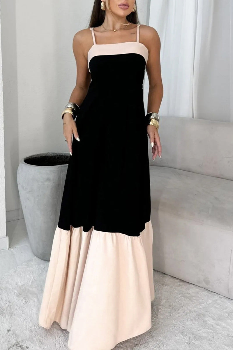 Vestidos sexis de color sólido con patchwork, espalda descubierta y escote cuadrado en contraste