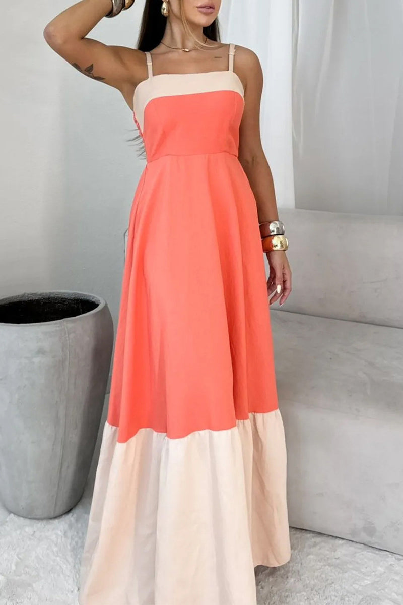 Vestidos sexis de color sólido con patchwork, espalda descubierta y escote cuadrado en contraste