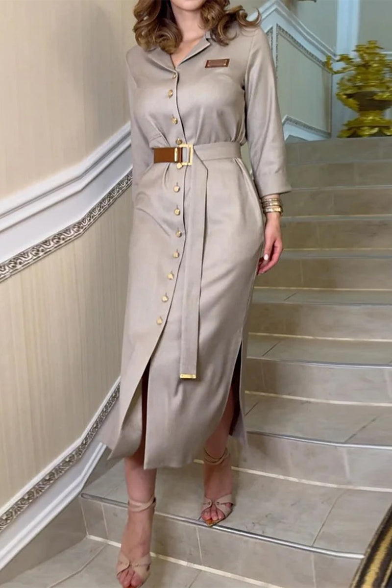 Vestido camisero informal de color liso con hebilla de bolsillo y cinturón y cuello vuelto