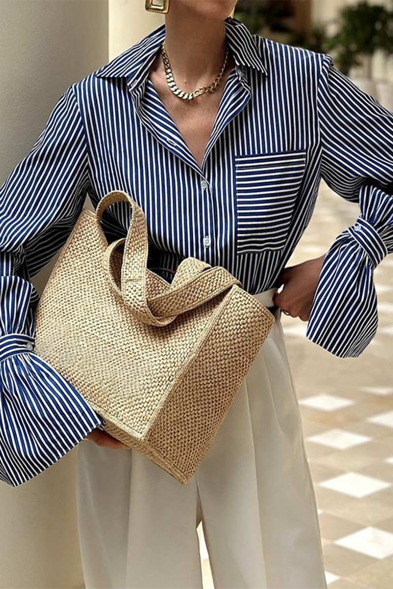 Blusas casuales con cuello vuelto, rayas, bolsillos y patchwork en contraste