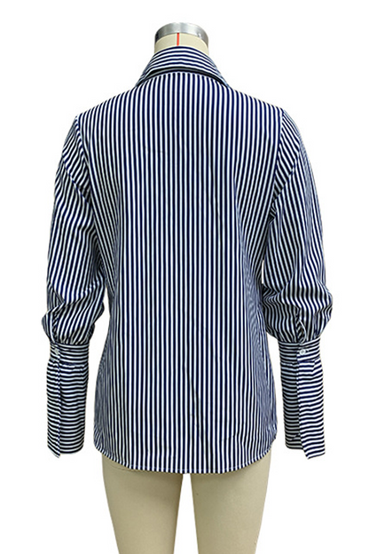 Blusas casuales con cuello vuelto, rayas, bolsillos y patchwork en contraste