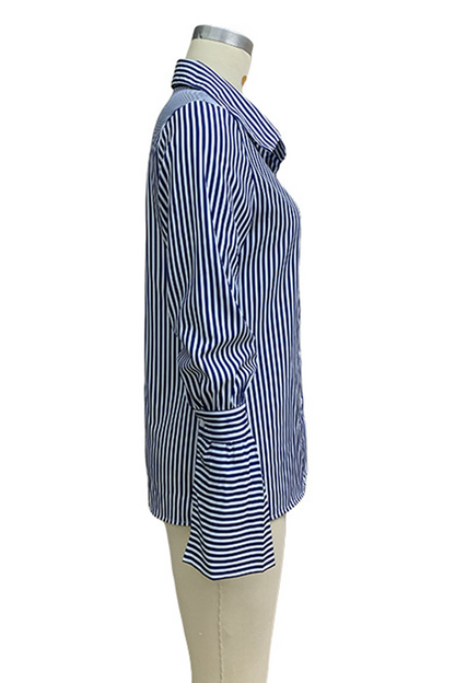 Blusas casuales con cuello vuelto, rayas, bolsillos y patchwork en contraste