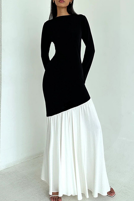 Elegantes vestidos largos con cuello redondo y fruncido en contraste