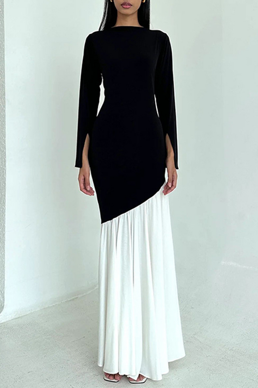 Elegantes vestidos largos con cuello redondo y fruncido en contraste