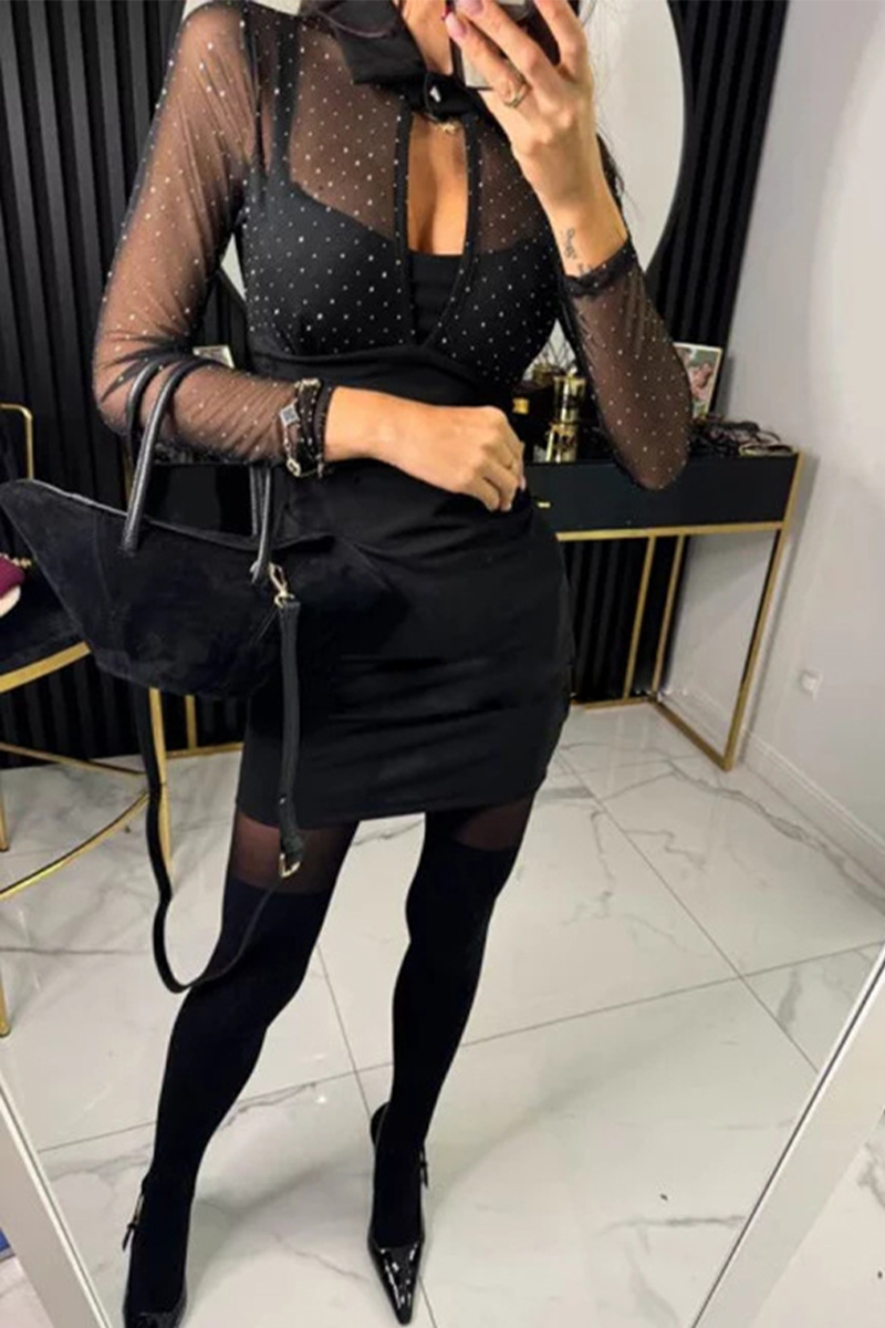 Vestidos sexys con falda cruzada, cuello vuelto, de malla y botones