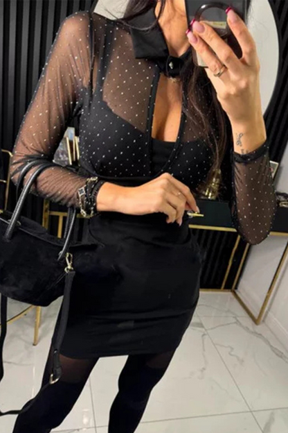 Vestidos sexys con falda cruzada, cuello vuelto, de malla y botones