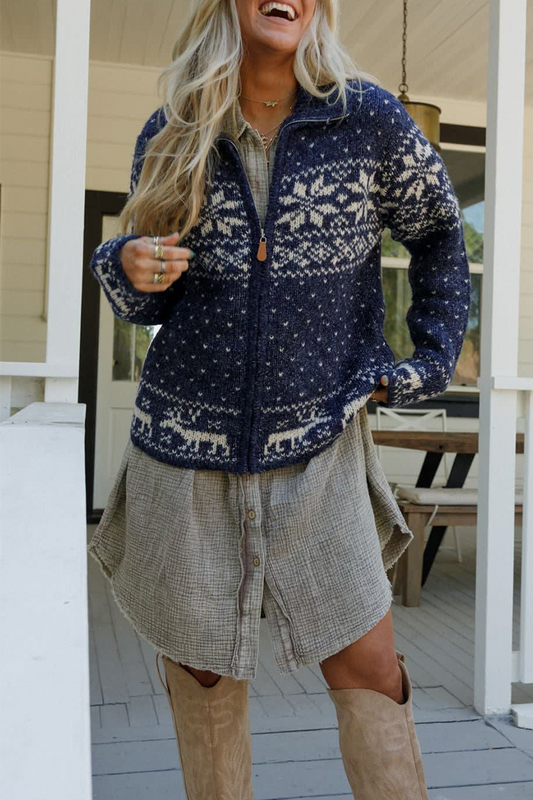 Prenda exterior informal con cuello vuelto en contraste y tejido con cremallera de copo de nieve