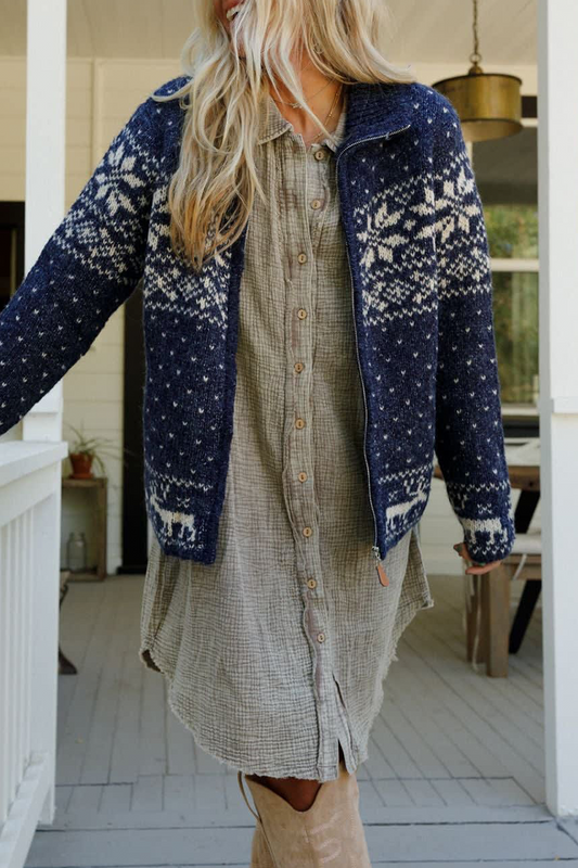 Prenda exterior informal con cuello vuelto en contraste y tejido con cremallera de copo de nieve